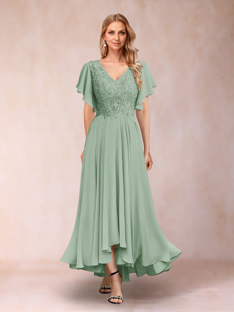 A-Line/Princess V-Neck Short Sleeves Long Evening Dresses Chiffon Mother of the Bride Dresse with Appliques