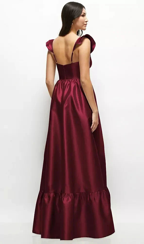Satin Corset Maxi Dress with Ruffle Straps & Skirt in Cabernet