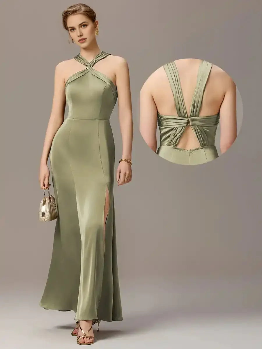 Satin Cross Halter Sleeveless Maxi Bridesmaid Dress