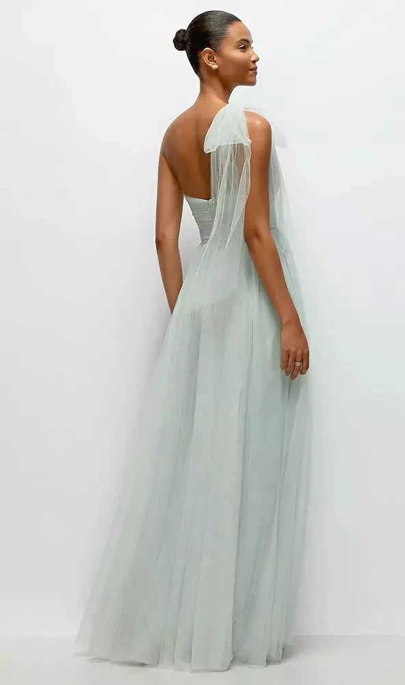 Scarf Tie One-Shoulder Tulle Maxi Dress with Full Skirt in Willow Green