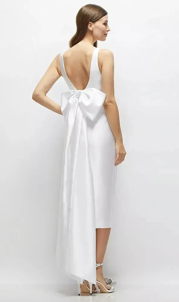 Scoop Neck Corset Satin Midi Dress with Floor-Length Bow Tails in White