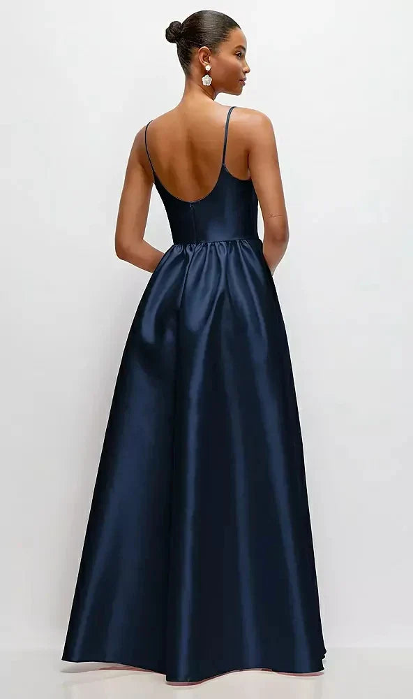 Scoop Neck Drop Basque Skirt Satin Maxi Dress with Pockets in Midnight Navy