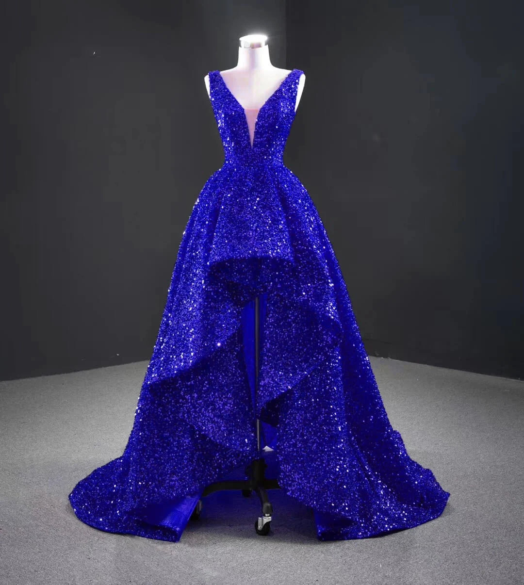 Sequins Asymmetrical Red Evening Dresses Sleeveless Deep-V Prom Formal Dress