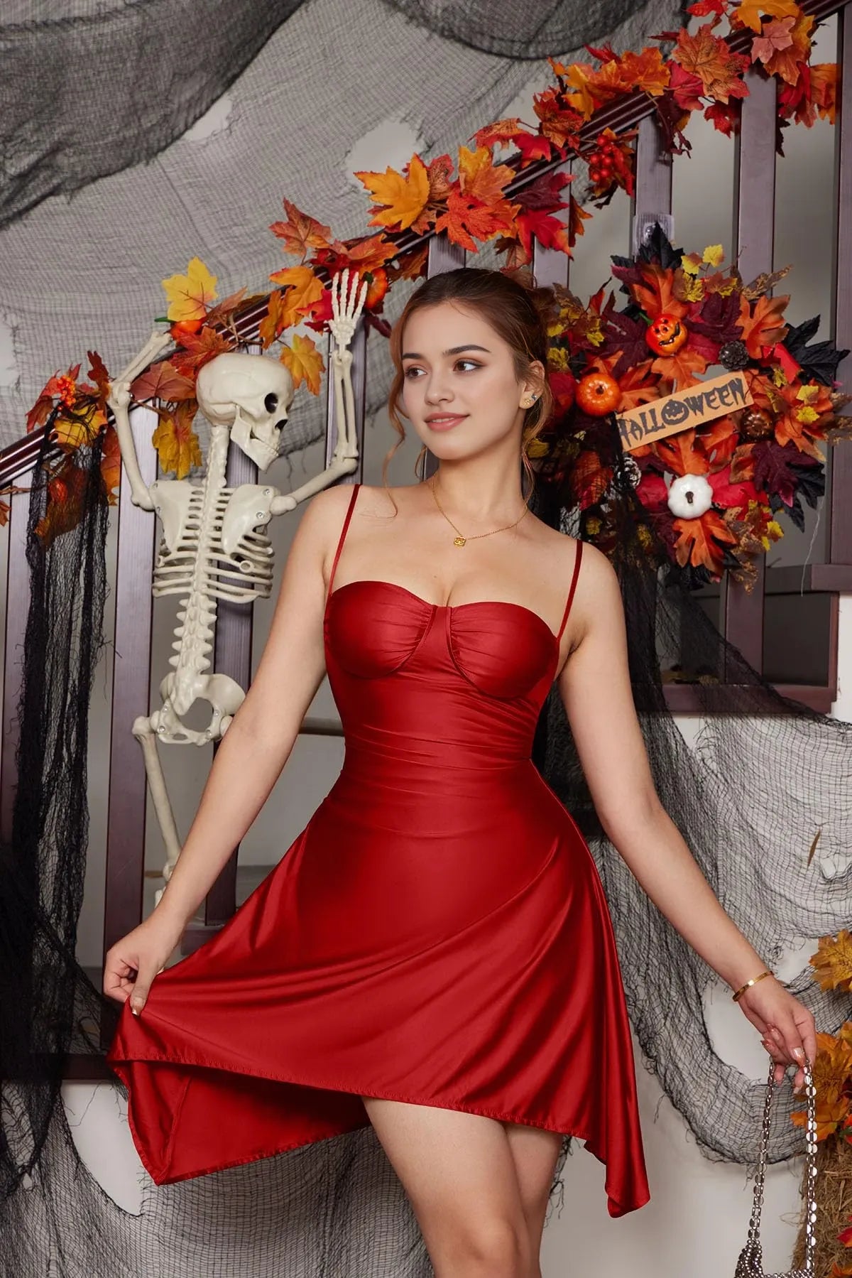 Sexy Red Satin Spaghetti Strap Sweetheart Neck Asymmetric Hem Mini Party Dress