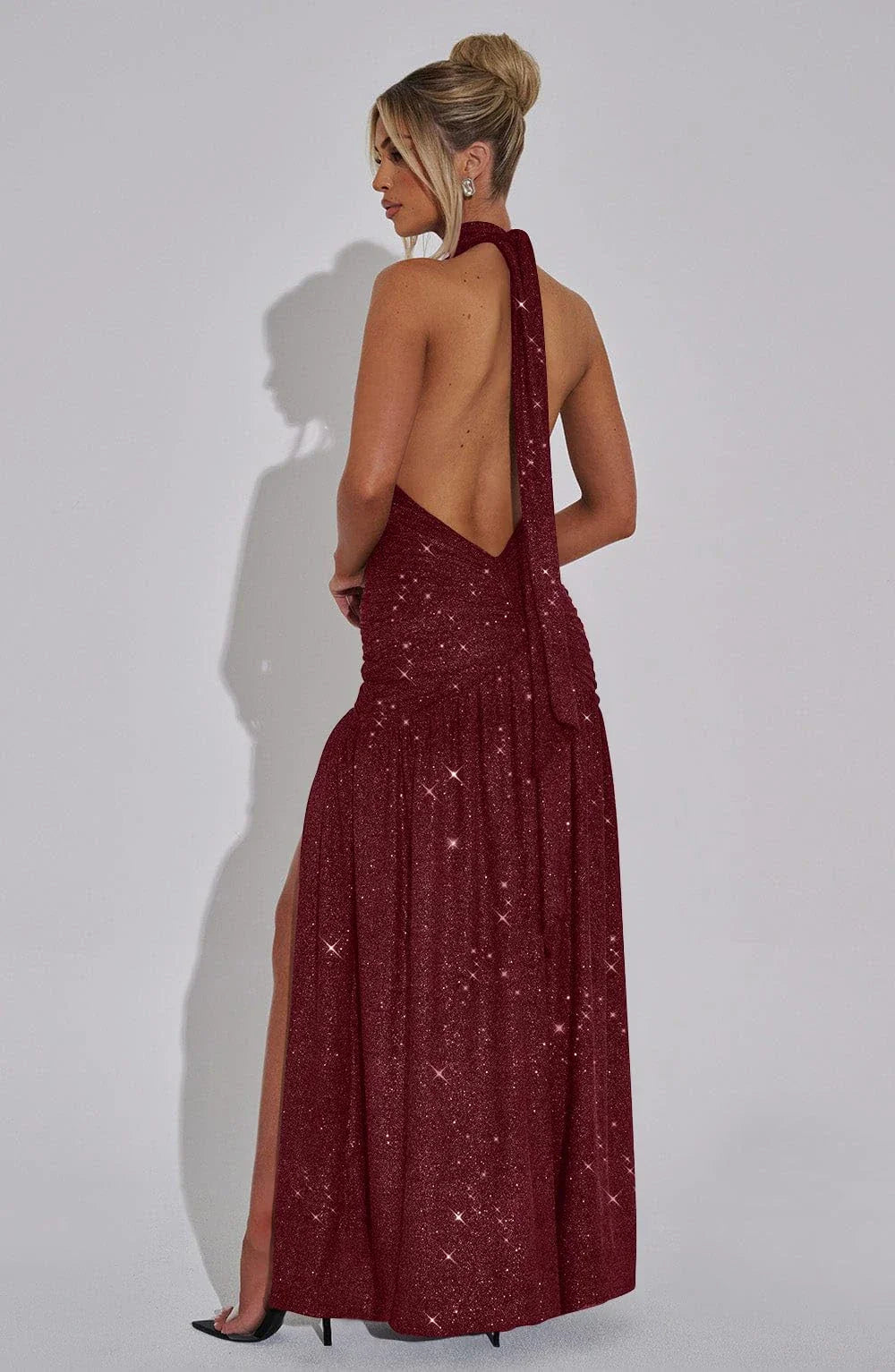 Sexy A-Line Halter Sleeveless Open Back Floor-Length Side Slit prom dress for women
