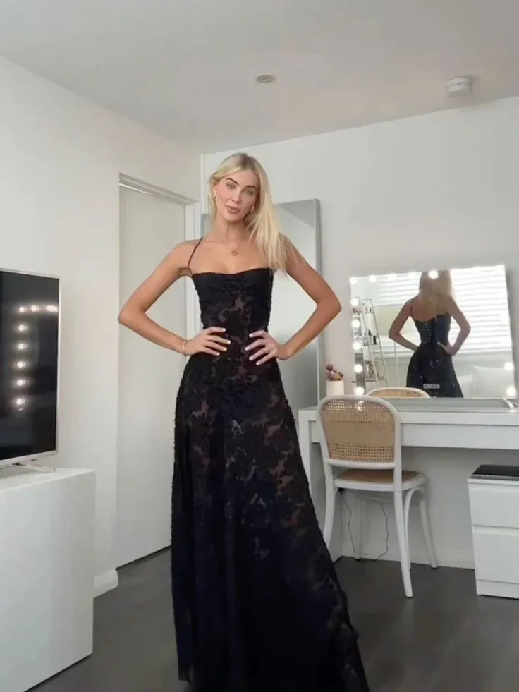 Sexy A-Line Spaghetti Straps Sleeveless Lace Pleated Sweep Train Evening Dress