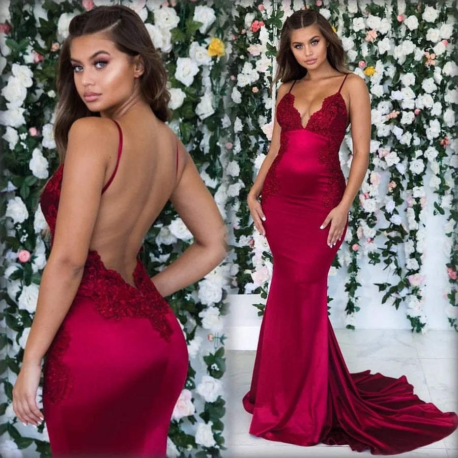 Sexy Mermaid/Trumpet Spaghetti Straps Sleeveless Appliques Sweep/Brush Train Prom Dress
