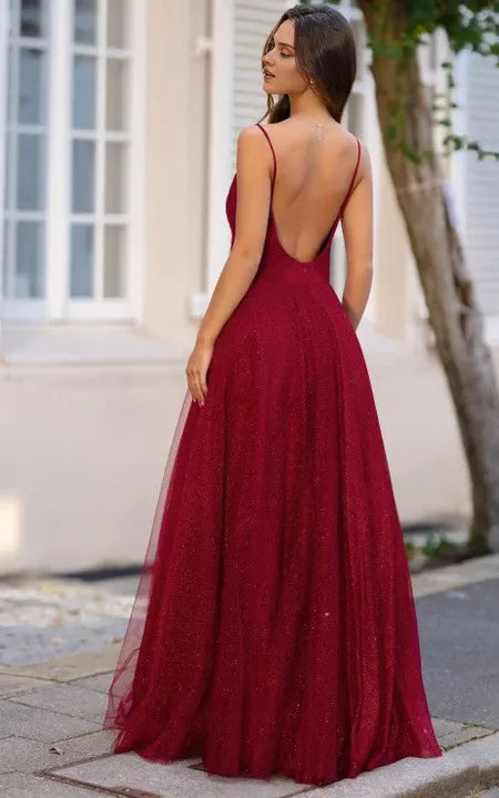 Sexy Sleeveless Floor-length A Line Tulle Deep-V Back Prom Dress with Ruching/Formal Women's Dresses