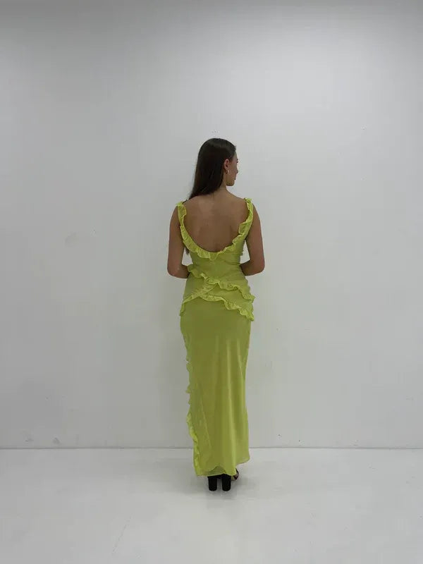 Sexy V Neck Sleeveless Bodycon Ruffled Chiffon Floor-Length Party Dress