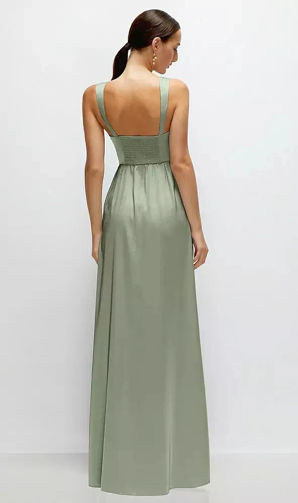 Shaped Strap Portrait Neckline Fluid Satin Maxi Dress with Full Skirt in Sage