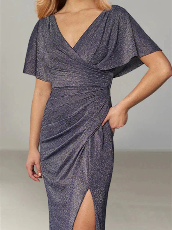 Sheath Column Draped Sleeve Plunging Neck Floor-Length Mother of the Bride Dresses with Split