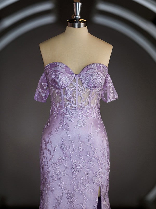 Sheath/Column Off-the-Shoulder Sweep Train Satin Prom Dresses Sleeveless Crossed Straps With Lace