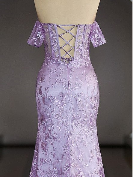 Sheath/Column Off-the-Shoulder Sweep Train Satin Prom Dresses Sleeveless Crossed Straps With Lace