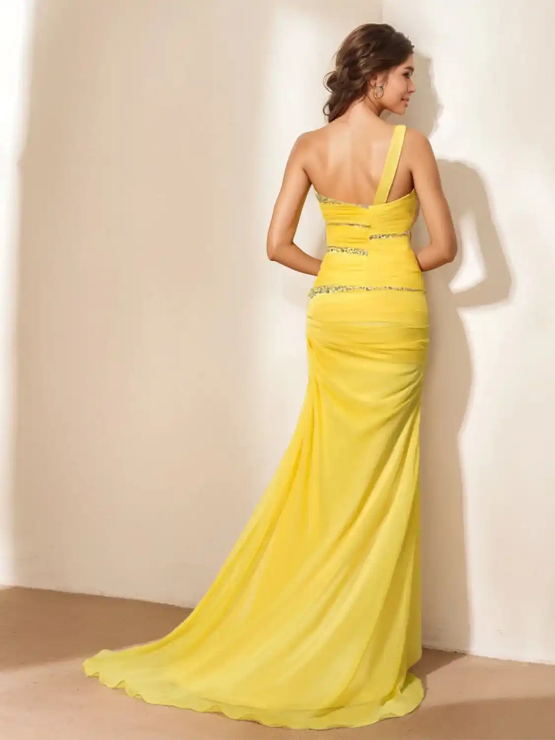 Sheath Column One-Shoulder Sleeveless Floor-Length Evening Dress with Ruched, Sequin & Crystals