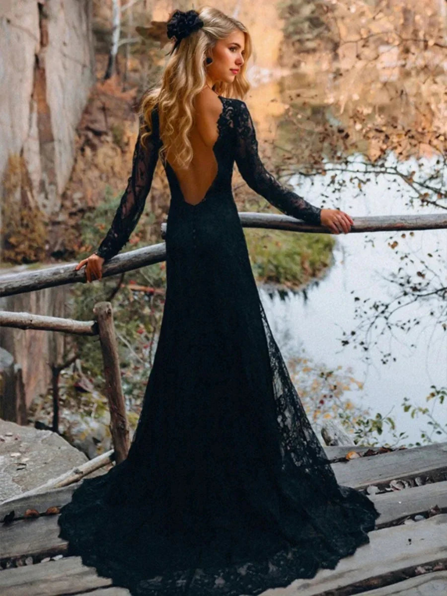 Sheath Column Sexy Jewel Neck Long Sleeves Backless Sweep Train Black Wedding Dresses with Side Slit