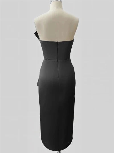 Sheath Column Strapless Sleeveless Tea-Length Ruched Bridesmaid Dresses with Slit