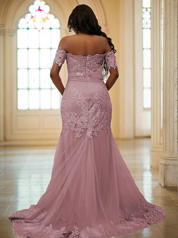 Sheath/Column Tulle Applique Off-the-Shoulder Sleeveless Sweep Train Dresses With Slit