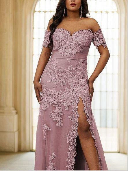 Sheath/Column Tulle Applique Off-the-Shoulder Sleeveless Sweep Train Dresses With Slit