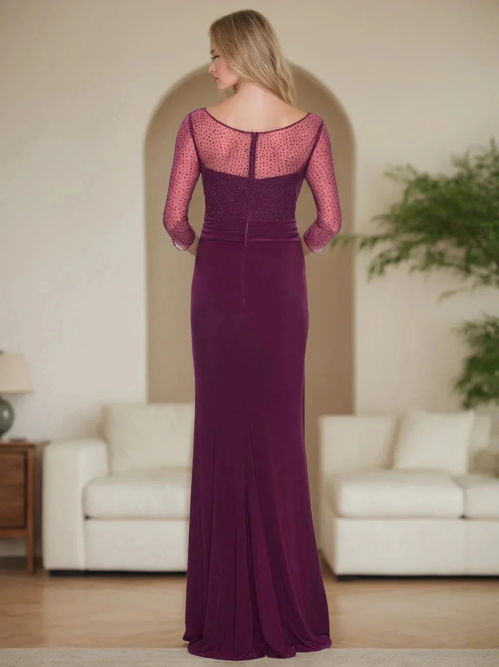 Sheath Column V-Neck 34 Length Sleeves Floor-Length Mother of the Bride Dresses With Rhinestones & Ruched & Ruffles