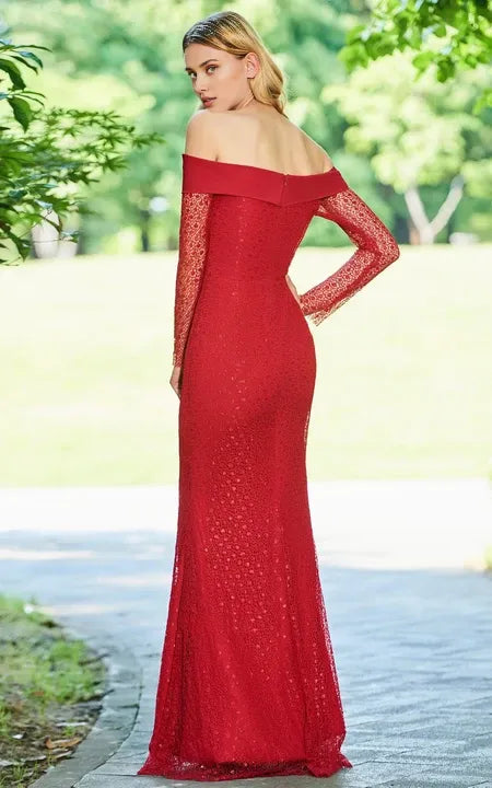 Sheath Elegant Lace Mermaid Off-the-shoulder Long Sleeve Zippered Floor Length Prom Dress/Dress For Formal