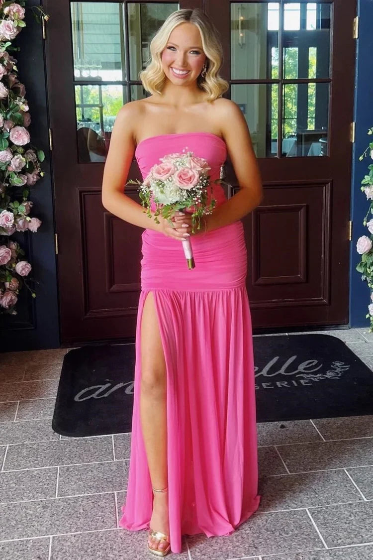Sheath Strapless Ruched Slit Chiffon Hot Pink Long Prom Dress Ready To Ship