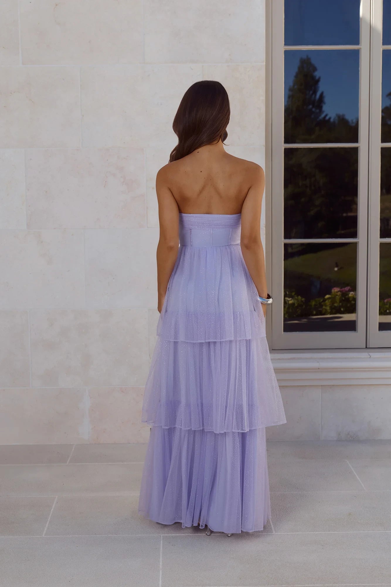 Shimmering A-Line Strapless Tiered Glitter Tulle Lavender Floor-Length Prom Dress