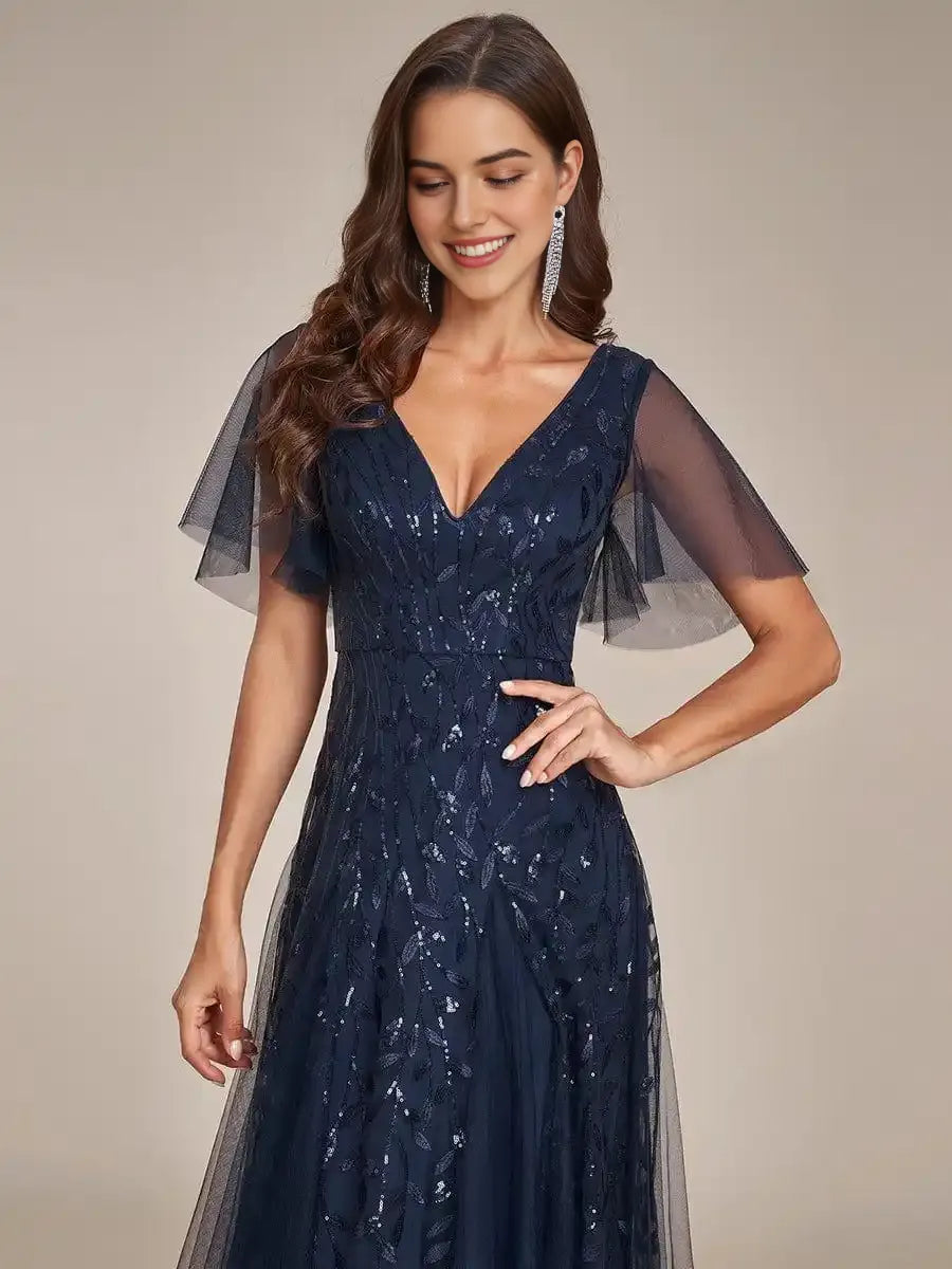 Shimmery Ruffle Sleeves Maxi Sequin Evening Dress Mother Of The Bride Dresses