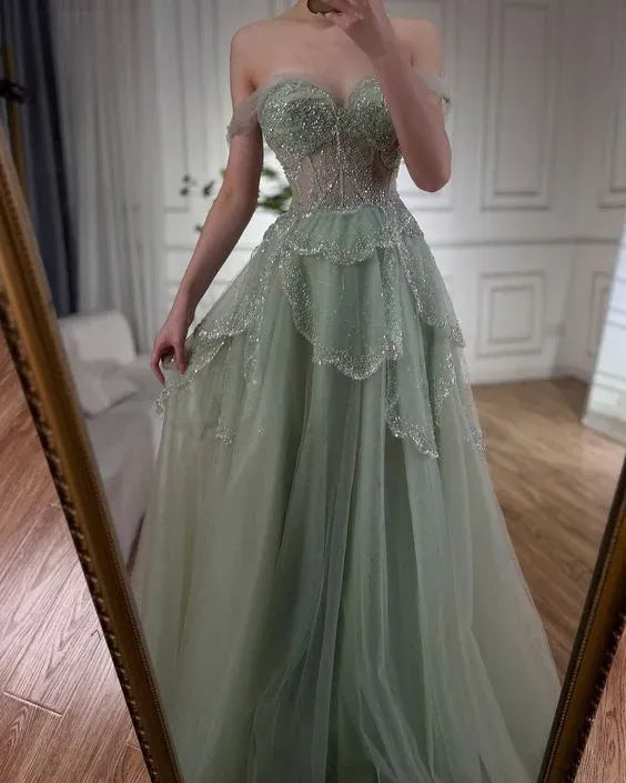 Shiny Ball Gown Off the Shoulder Sleeveless Tulle Pleated Sweep Train Prom Dress