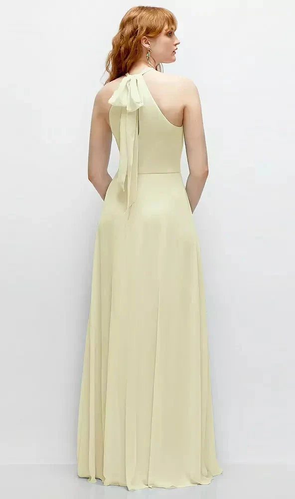 Shirred Halter Chiffon Maxi Dress with Back Sash-Tie Closure in Butter Yellow