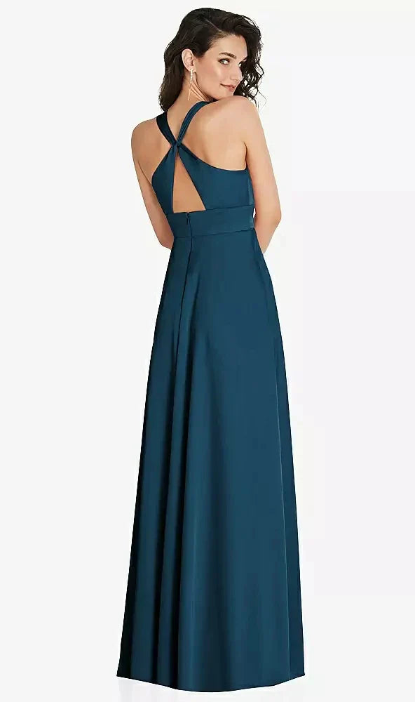 Shirred Shoulder Criss Cross Back Maxi Dress with Front Slit in Atlantic Blue