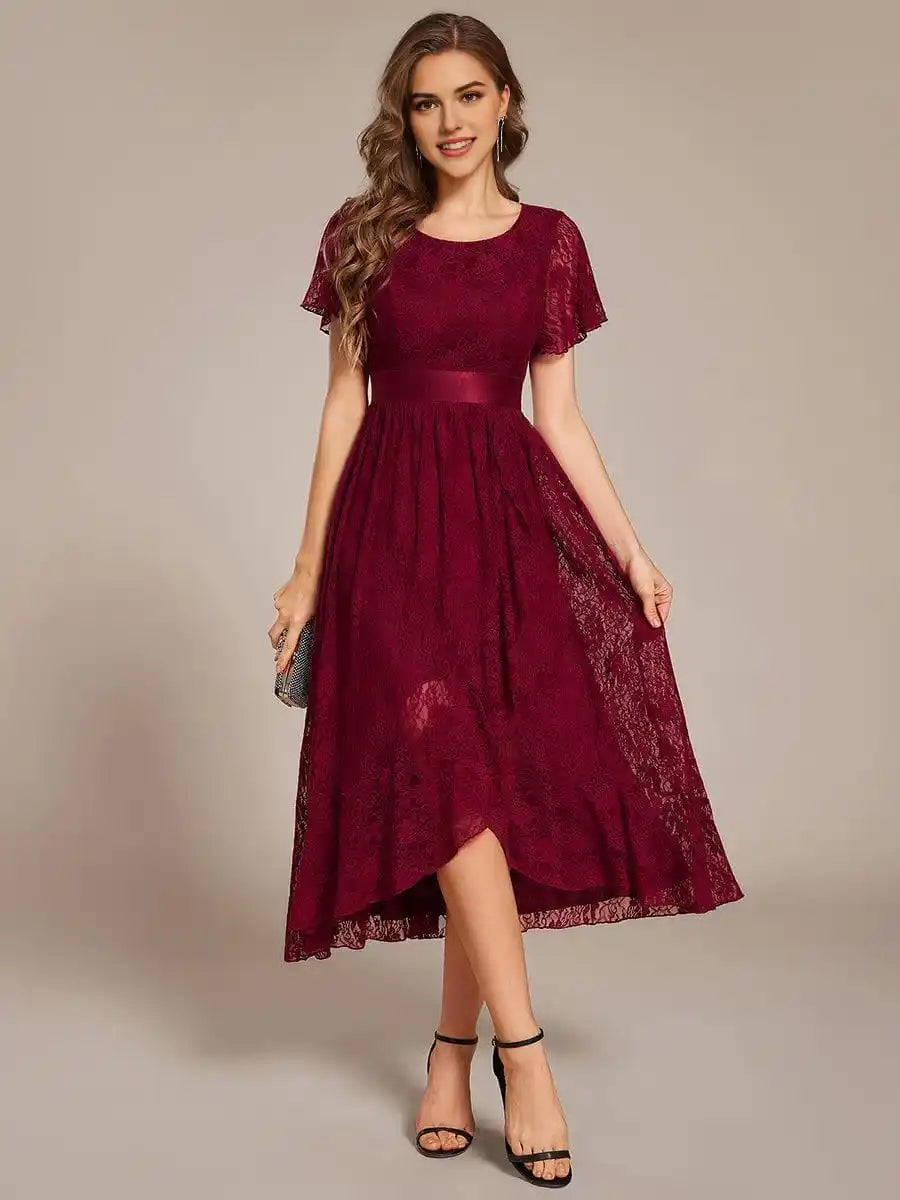 Short Sleeve Ruffled Empire Waist Lace Midi Formal Dress Mother Of The Bride Dresses