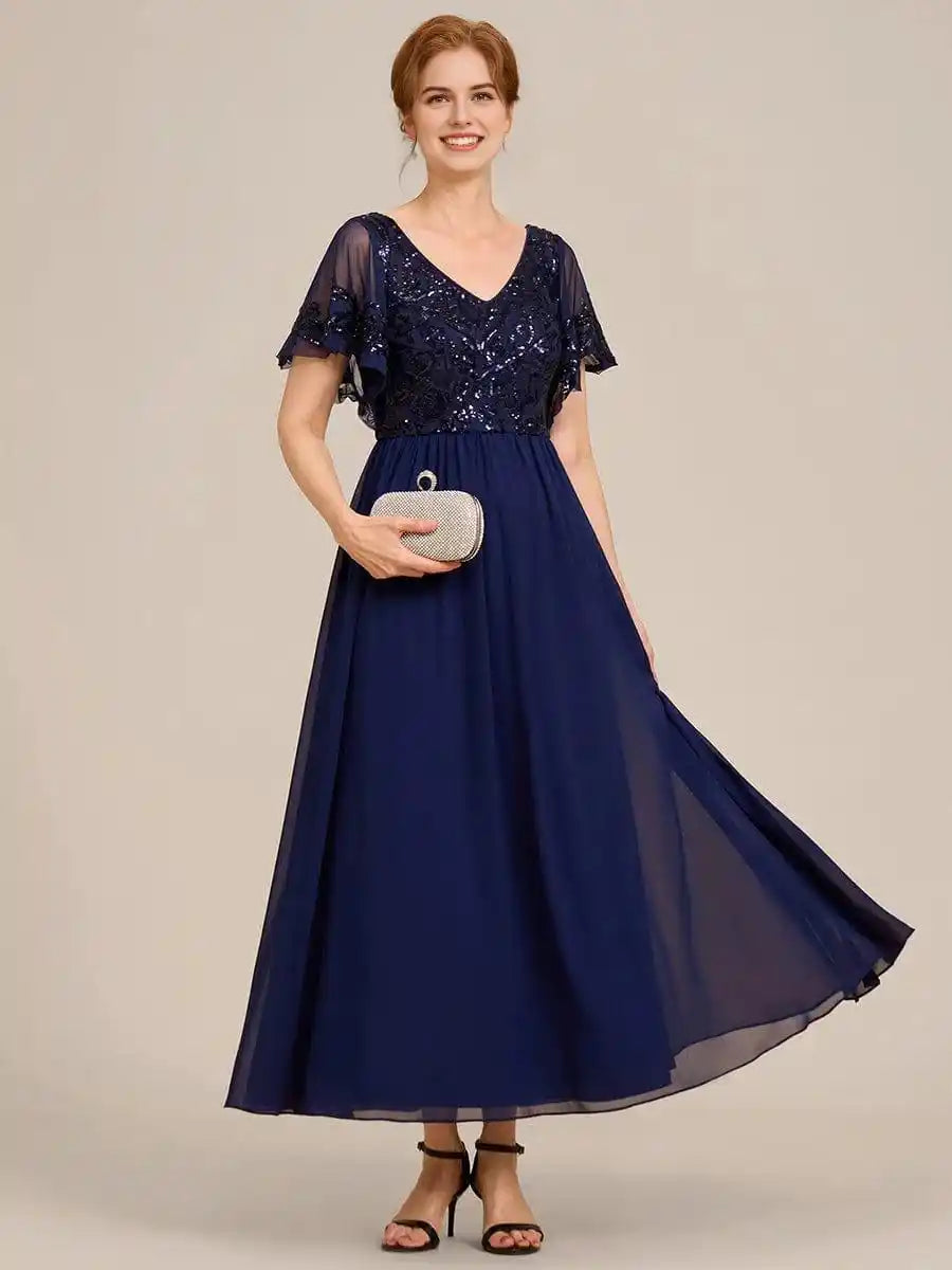 Short Sleeve V-Neck Sequin Chiffon A-Line Mother of the Bride Dress