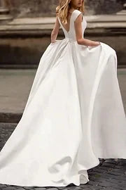 Simple A-Line Scoop Sleeveless Sleeveless Back Zip Chapel Train prom dress for ladies