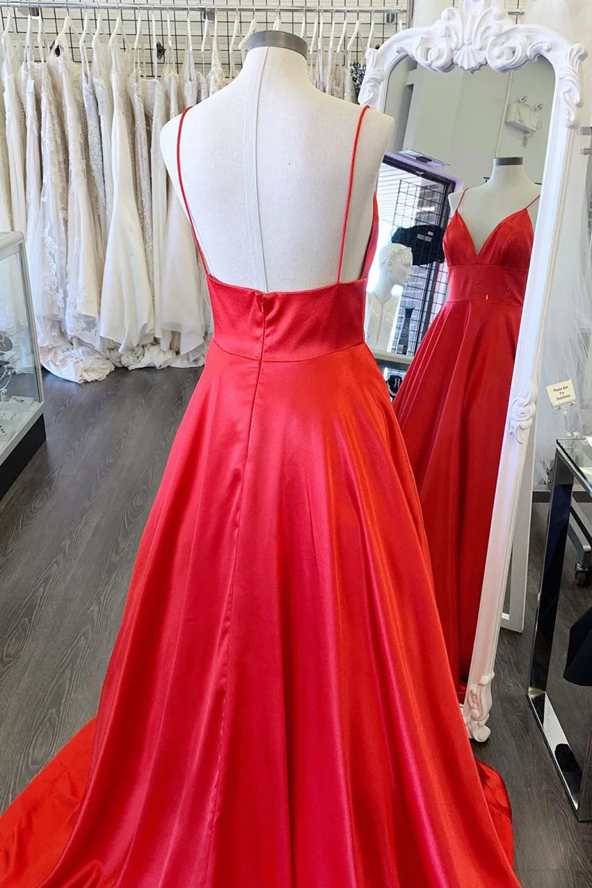 Simple A-Line Spaghetti Straps Red Long Prom Dress/Formal Women's Dresses