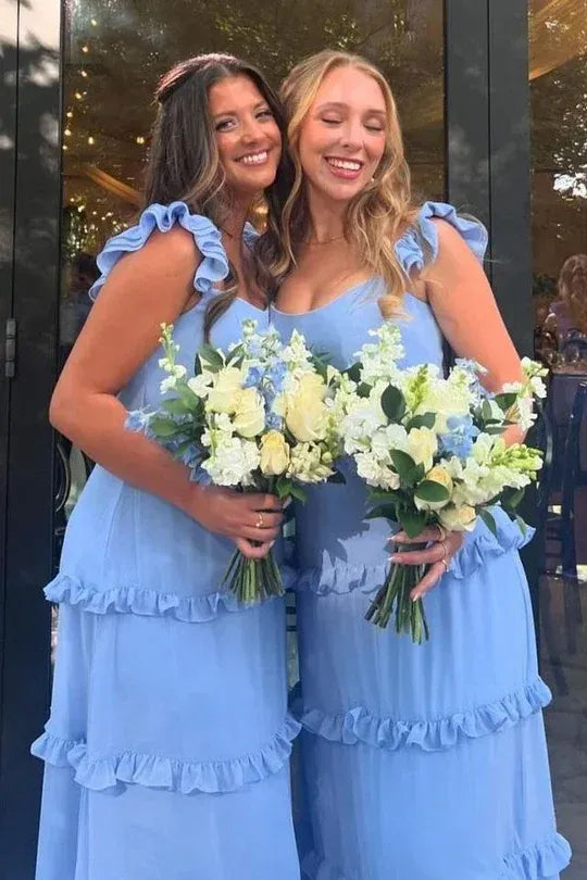 Simple A-Line Square Neck Sleeveless Chiffon Ruffles Floor-Length Bridesmaid Dress