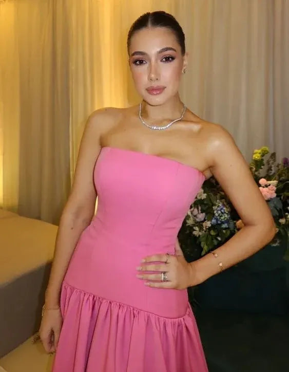 Simple A-Line Strapless Sleeveless Satin pleated Floor-Length Evening Dress