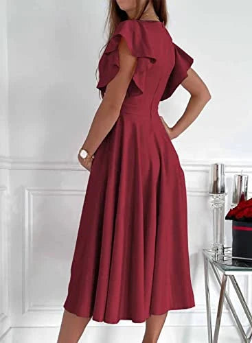 Simple A-Line V Neck Cap Sleeve Back Zip Tea-Length prom dress for women