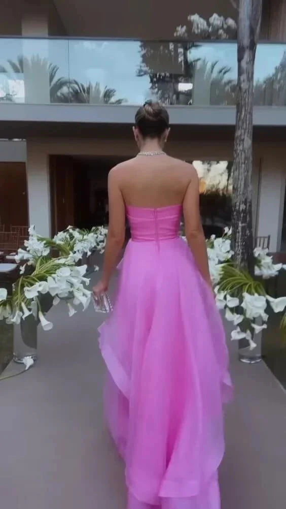 Simple A Line Tulle Ruffle Pink Prom Dresses Strapless Modest Formal Evening Dresses