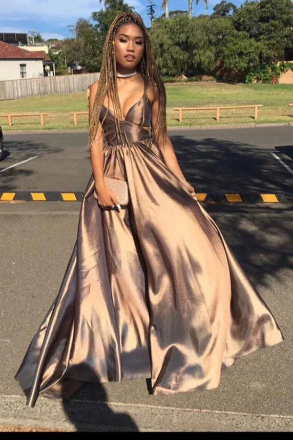 Simple A Line V Neck Sleeveless Lace Up Floor-Length Prom Dress