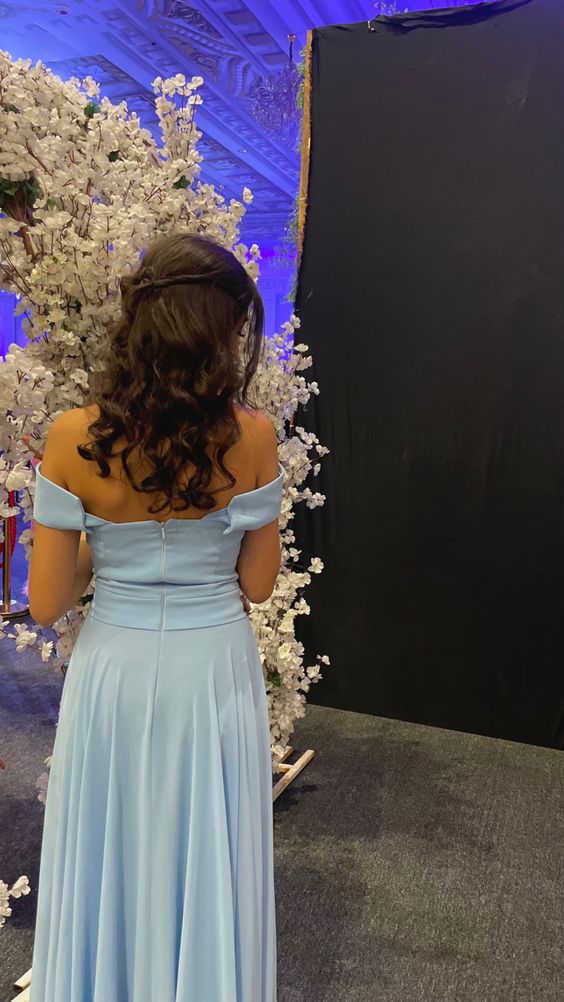 Simple A line Off the Shoulder Sleeveless Chiffon Slit Floor-Length Prom Dress