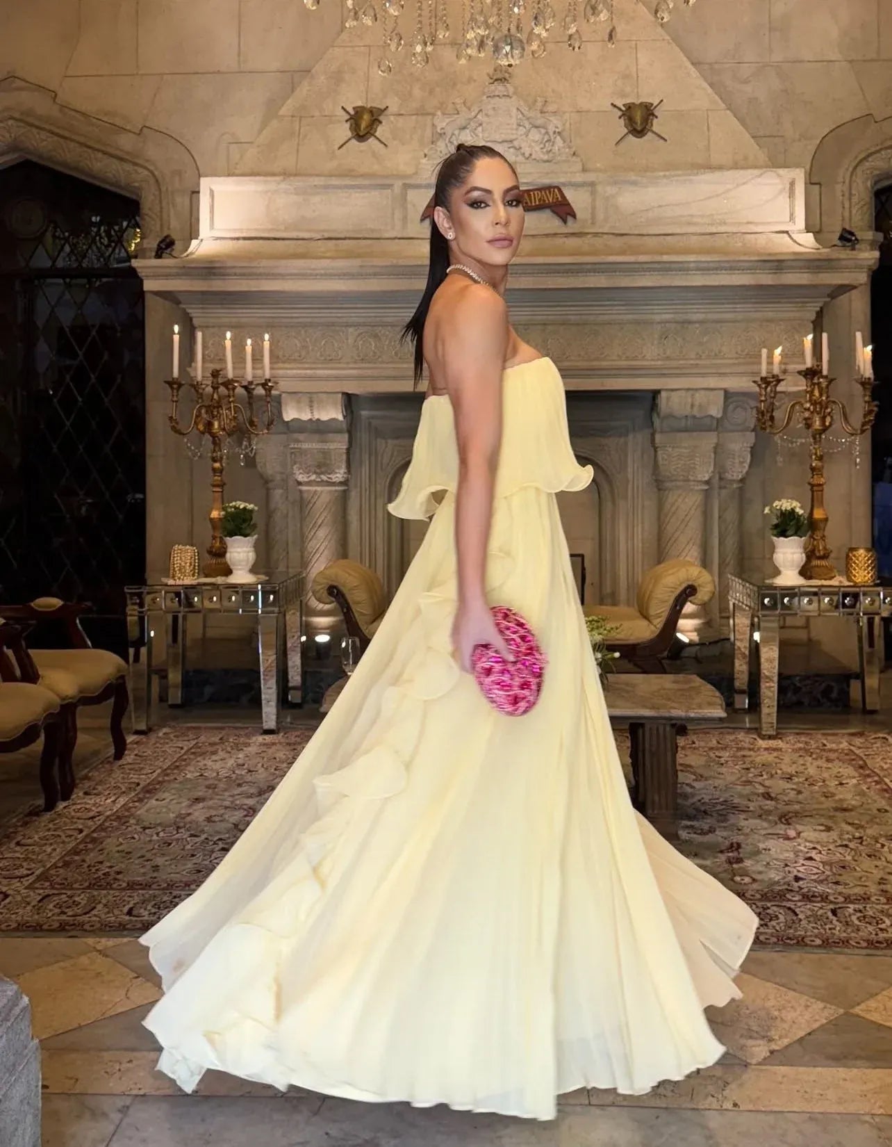 Simple Column Strapless Sleeveless Pleated Chiffon Floor-Length Prom Dress