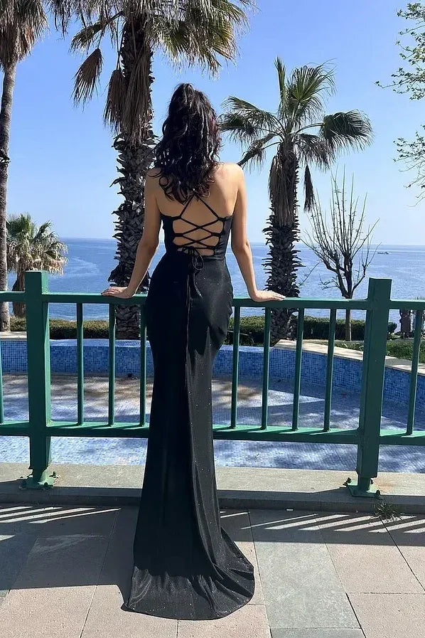Simple Sheath/Column Spaghetti Straps Sleeveless Lace Up Sweep/Brush Train Prom Dress
