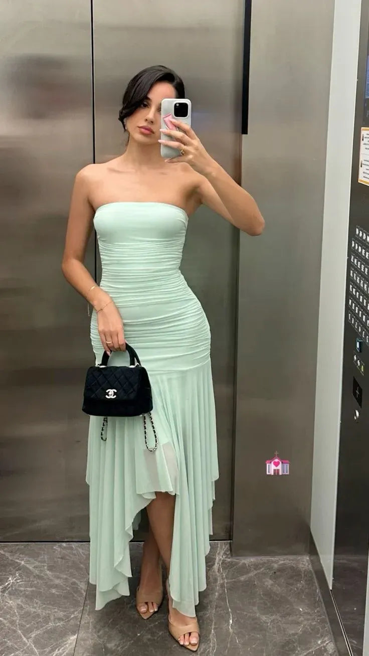 Simple Sheath Strapless Sleeveless Ruffles Chiffon High-Low Midi Wedding Guest Dress