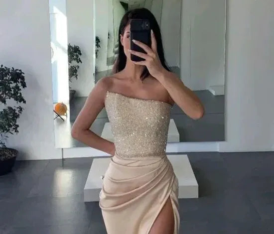Simple Strapless Sheath Sleeveless Sequins Satin Floor-Length Evening Dress