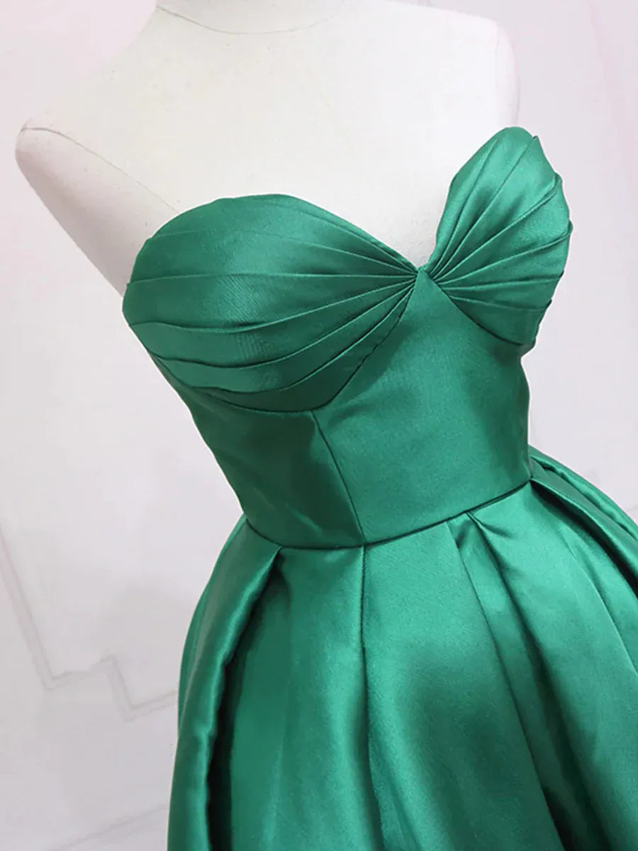 Simple Strapless Sleeveless A-Line Satin Pleated High Low-Length Party Dress