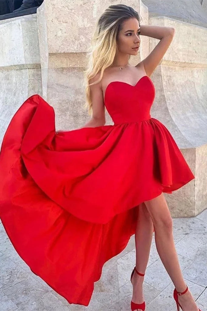 Simple A-Line Strapless Sleeveless Lace Up Asymmetrical-Length Prom Dress
