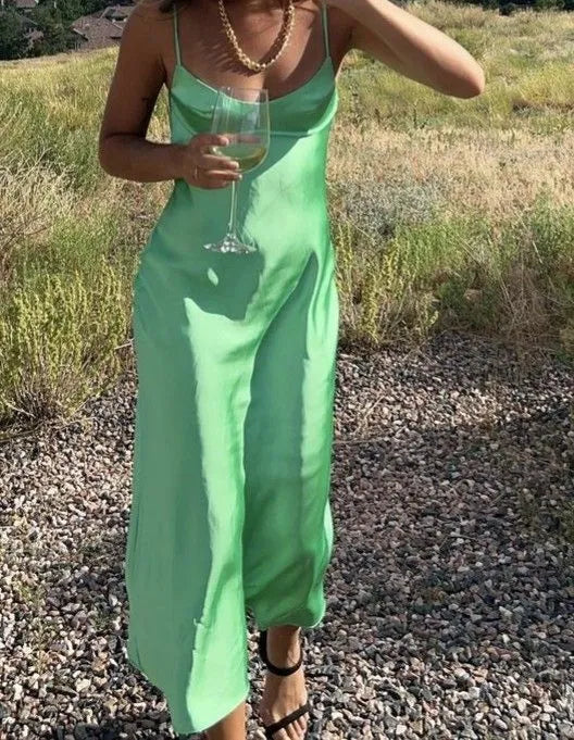Simple Sheath/Column Spaghetti Straps Sleeveless Satin Ankle-Length Prom Dress