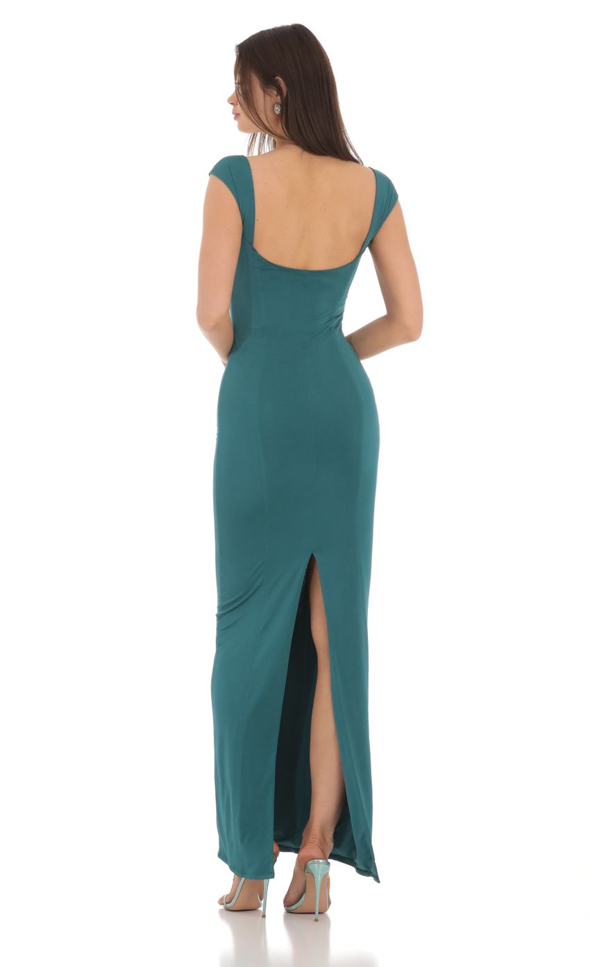 Sleek Sheath Square-Neck Cap-Sleeve Open-Back Teal Stretch-Fabric Floor-Length Prom Dresses