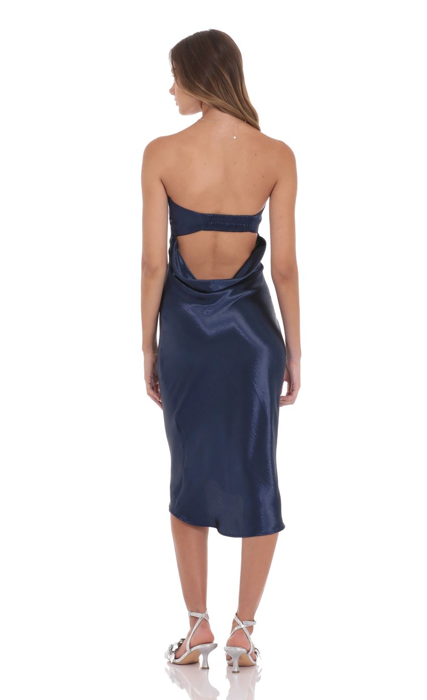 Sleek Sheath Strapless Sleeveless Cut-Out-Back Navy Satin Midi-Length Prom Dresses