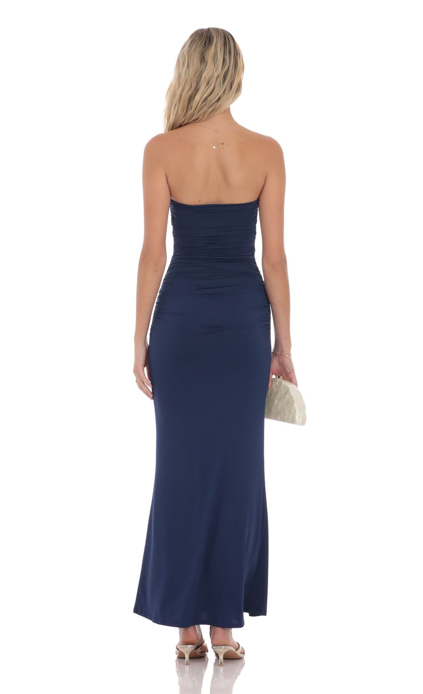 Sleek Sheath Strapless Sleeveless Open-Back Navy Blue Ruched-Accent Floor-Length Prom Dresses